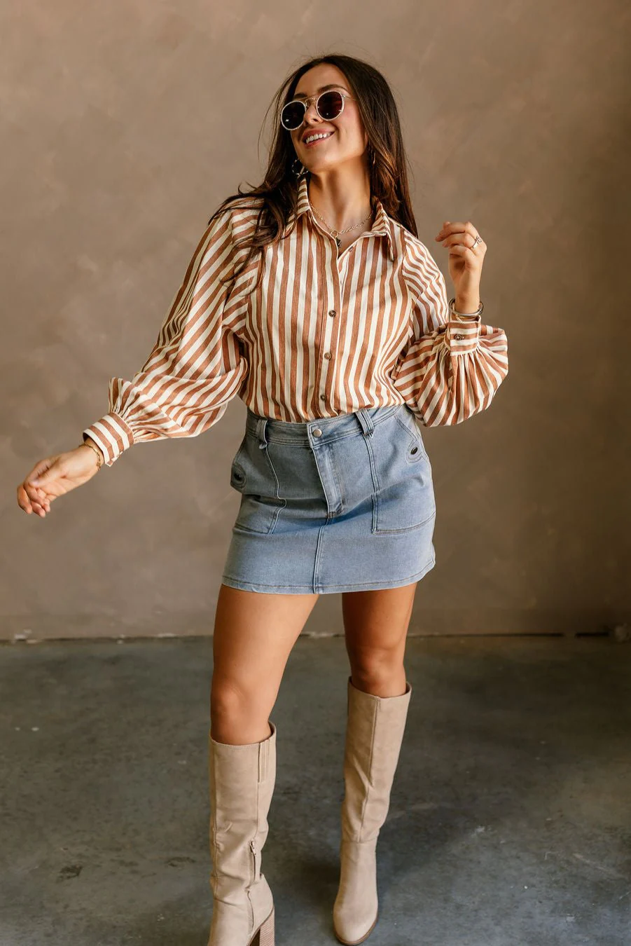 Clara Camel & Cream Stripe Button-Up Top - Image 3