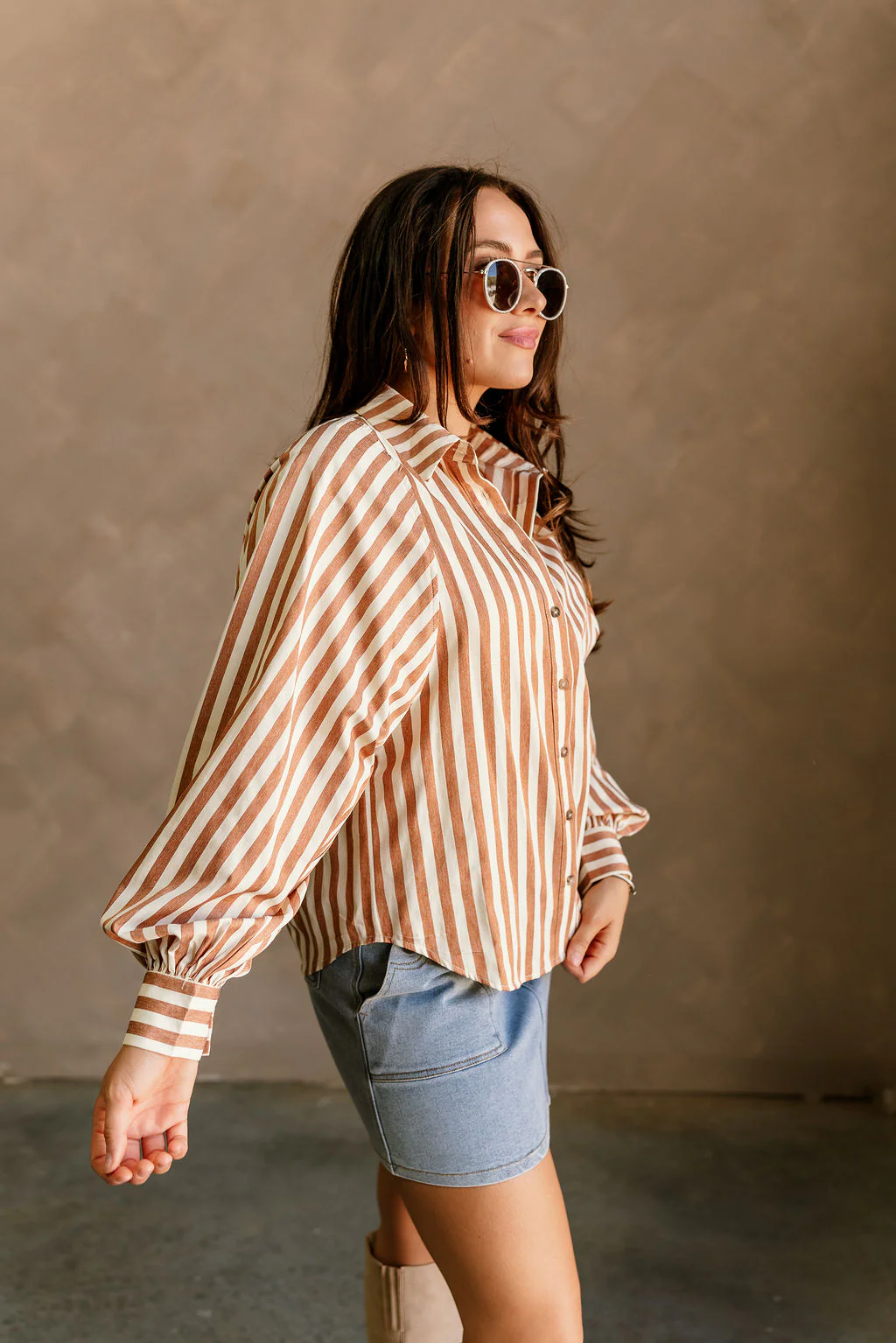 Clara Camel & Cream Stripe Button-Up Top - Image 4