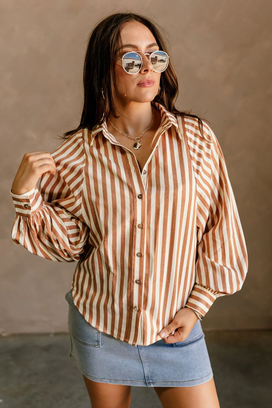 Clara Camel & Cream Stripe Button-Up Top - Image 5