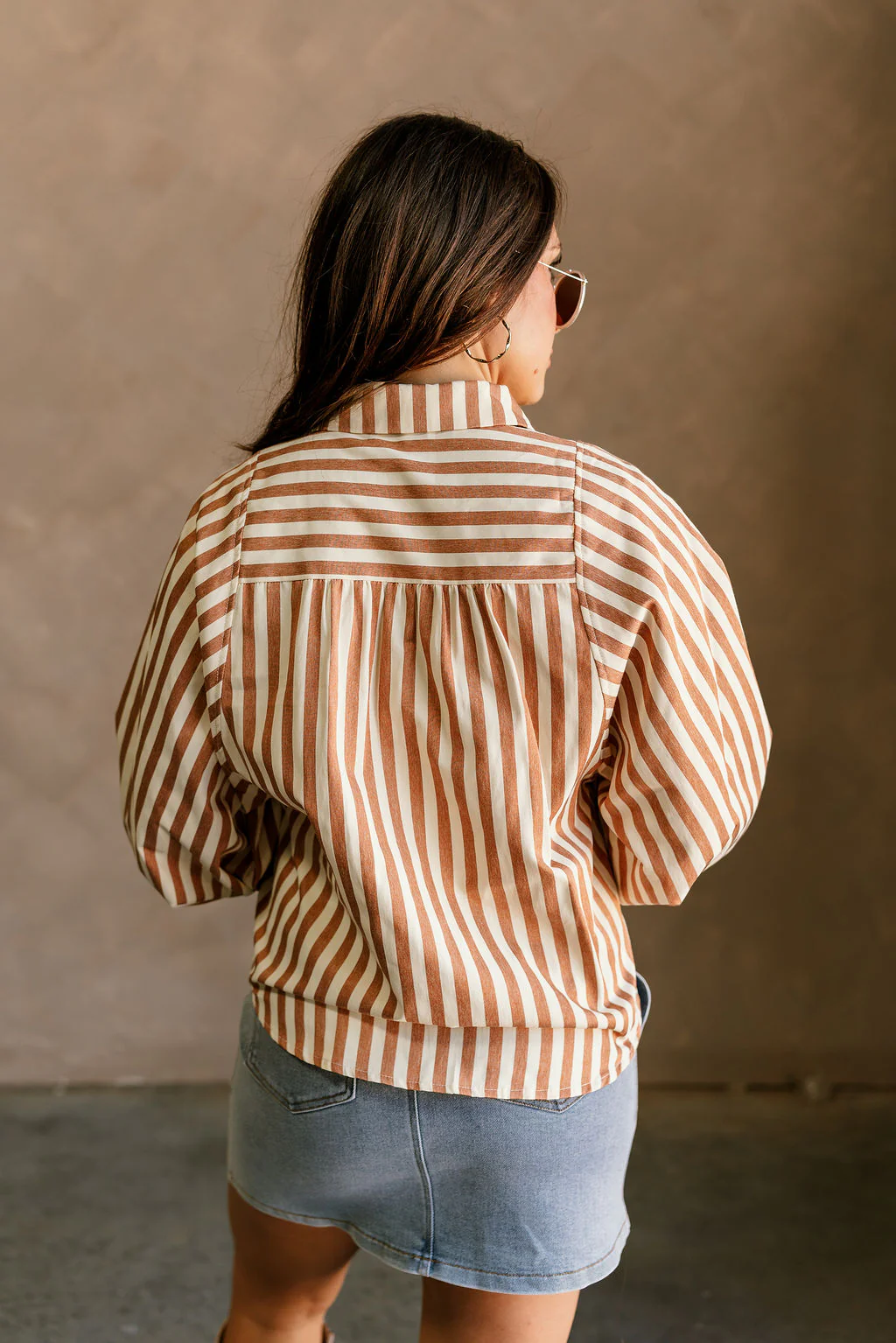 Clara Camel & Cream Stripe Button-Up Top - Image 7