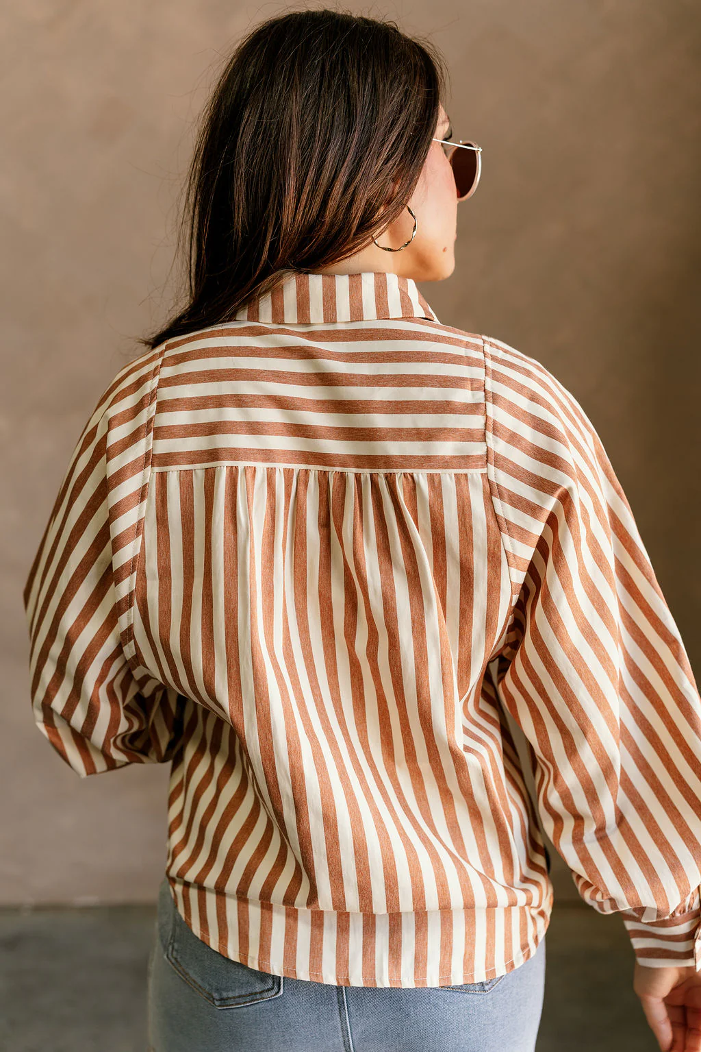 Clara Camel & Cream Stripe Button-Up Top - Image 8