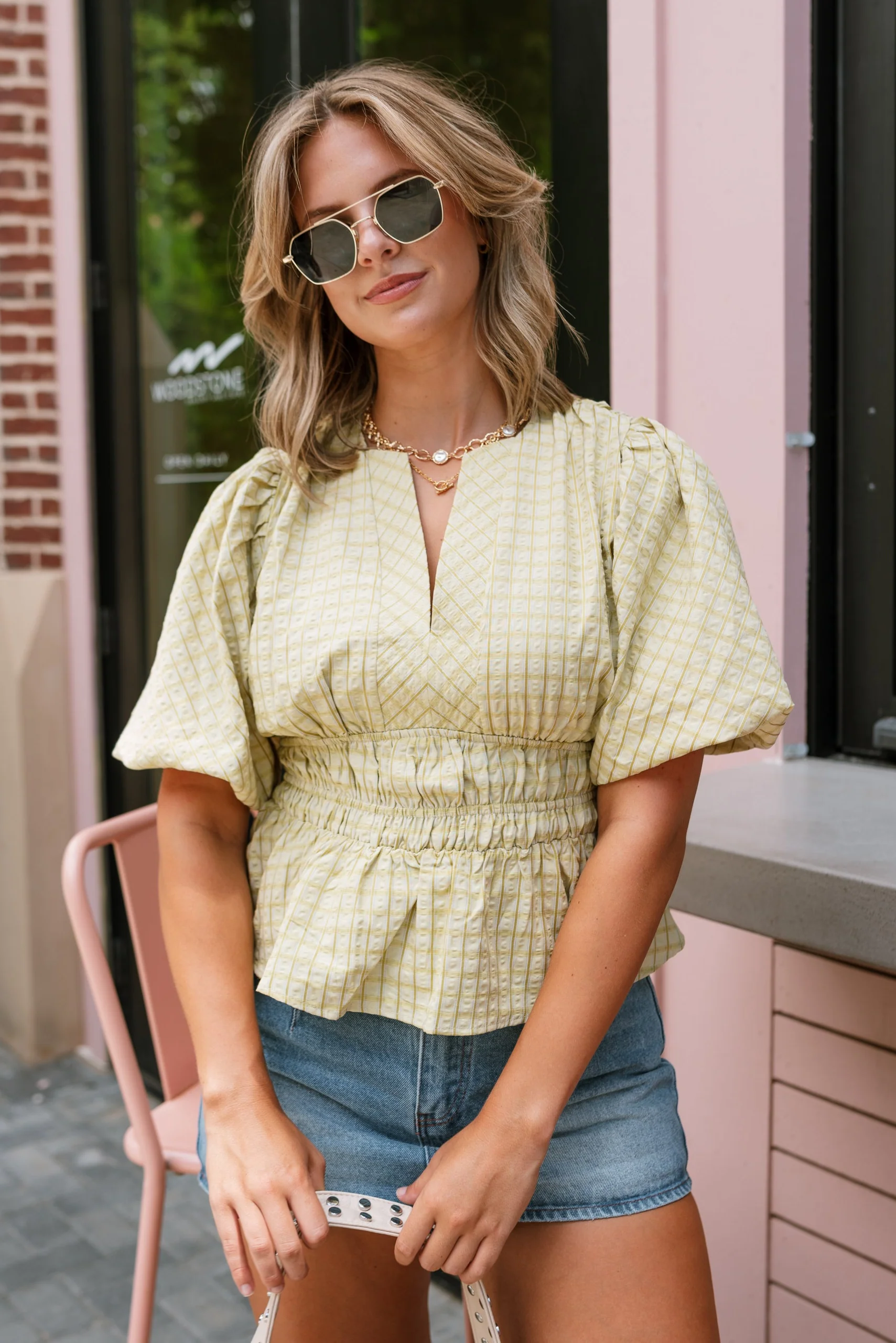 Clara Chartreuse Green Short Puff Sleeves Top - Image 5
