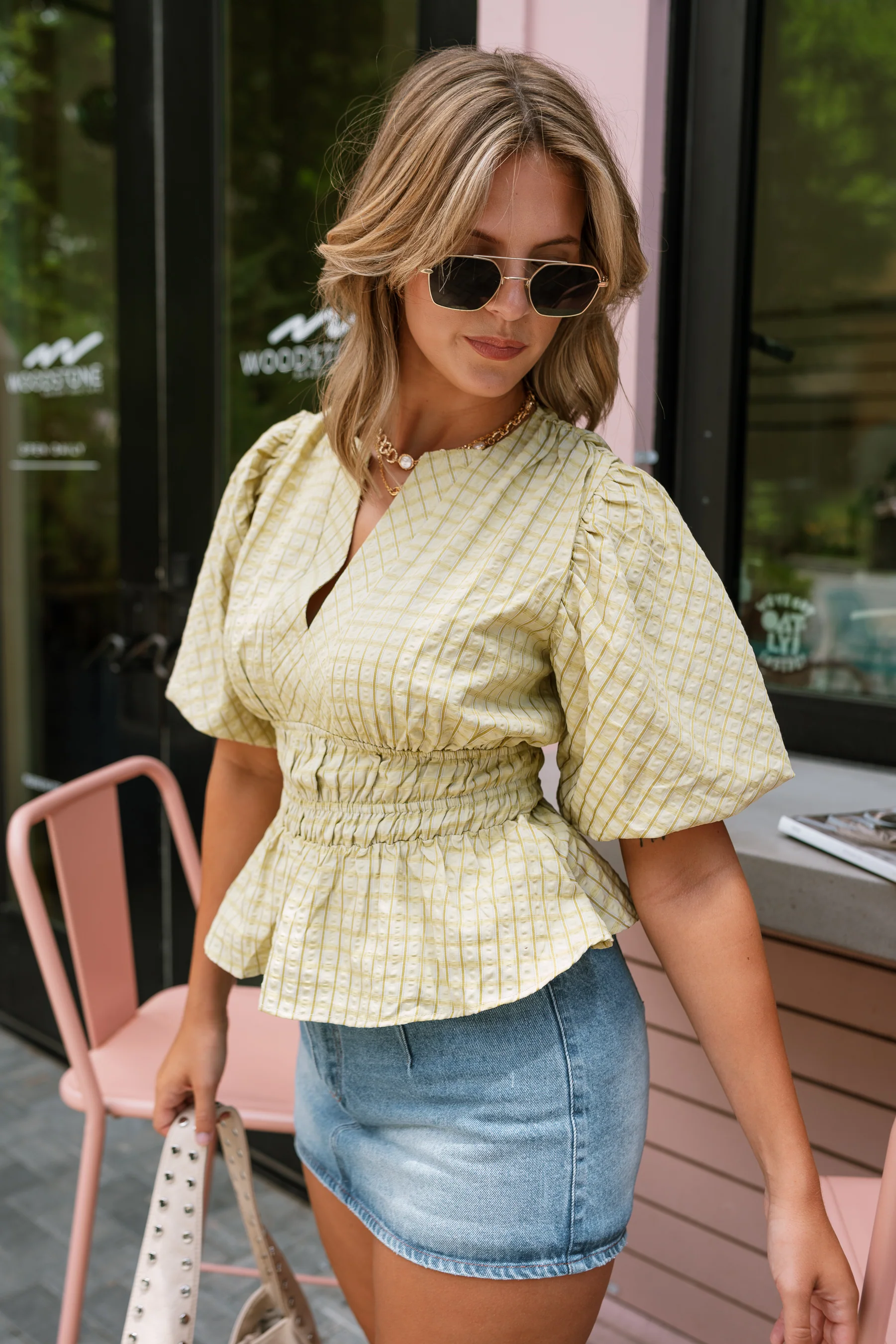 Clara Chartreuse Green Short Puff Sleeves Top - Image 7
