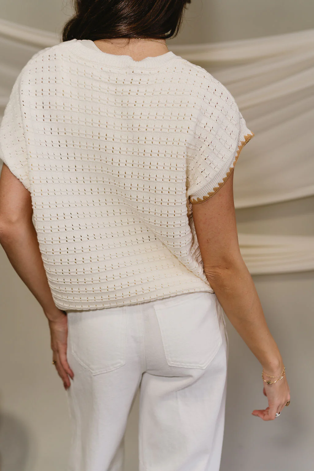 Clara Cream & Camel Knit Short Sleeve Top - Image 10