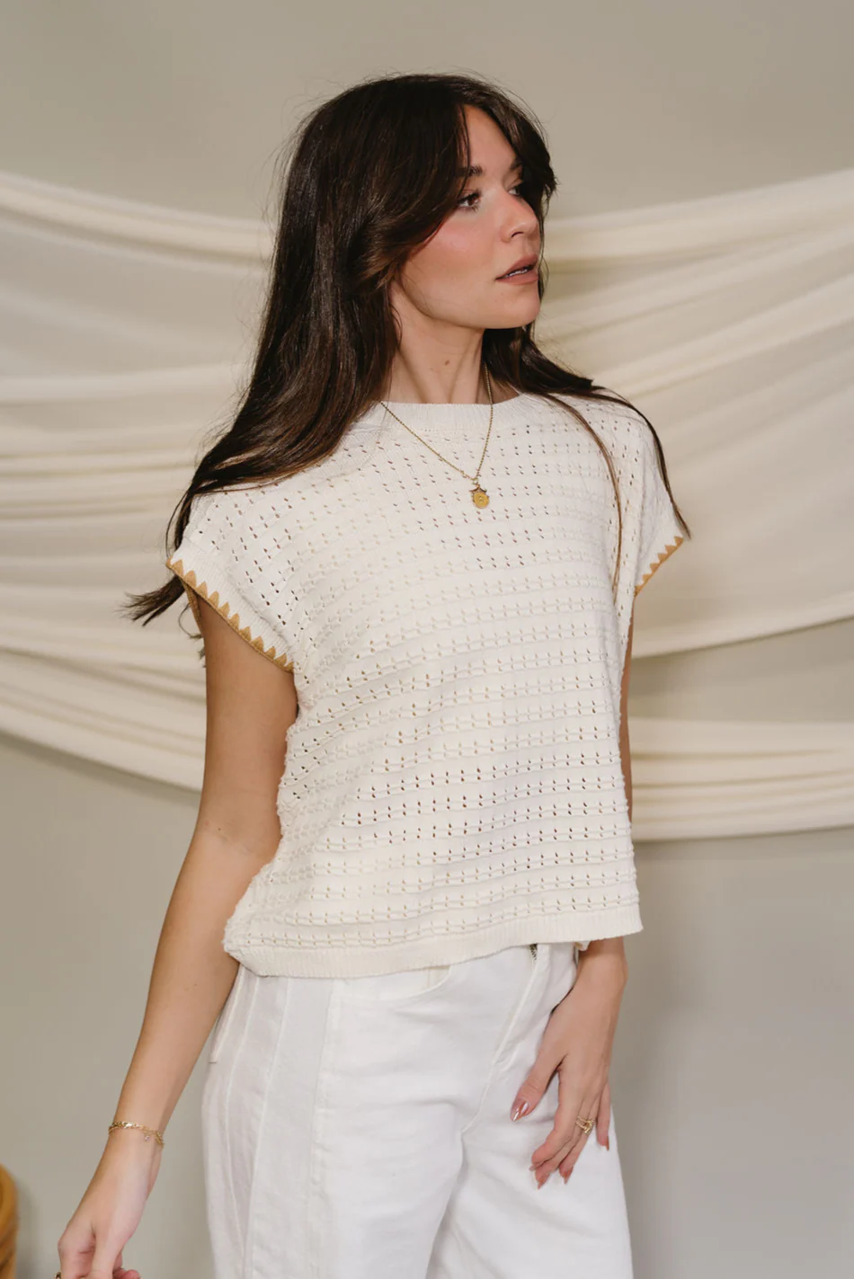 Clara Cream & Camel Knit Short Sleeve Top - Image 2