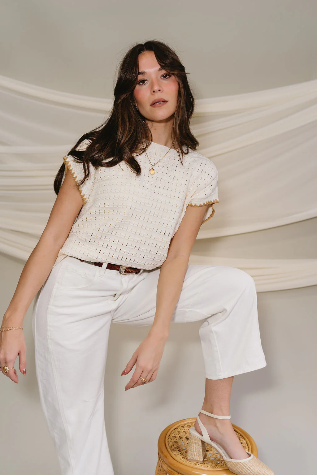 Clara Cream & Camel Knit Short Sleeve Top - Image 6