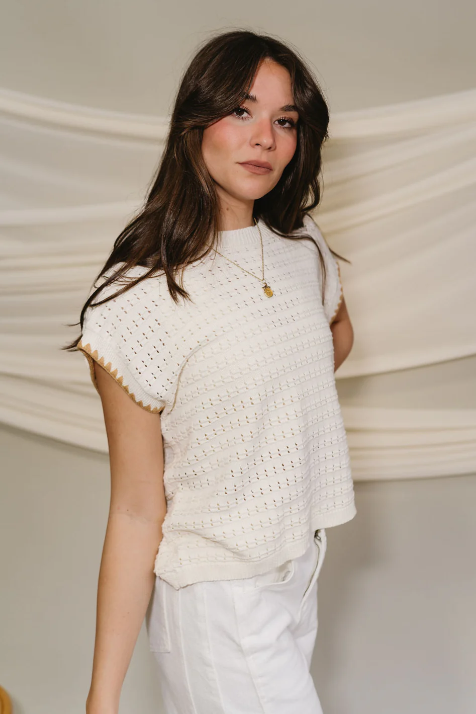 Clara Cream & Camel Knit Short Sleeve Top - Image 8