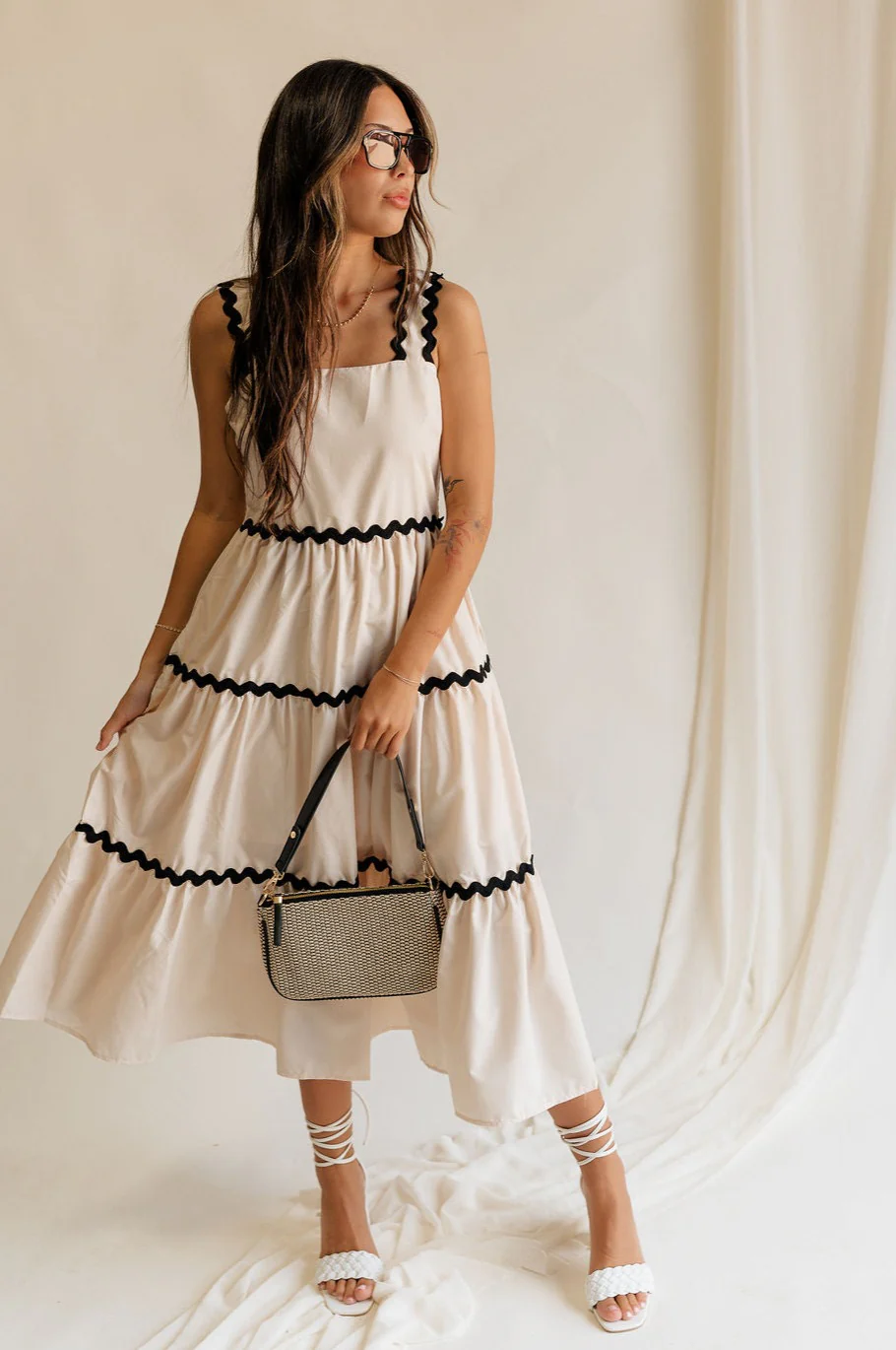 Clara Ecru & Black Wavy Trim Midi Dress