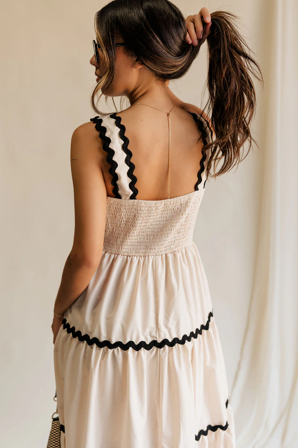 Clara Ecru & Black Wavy Trim Midi Dress - Image 5