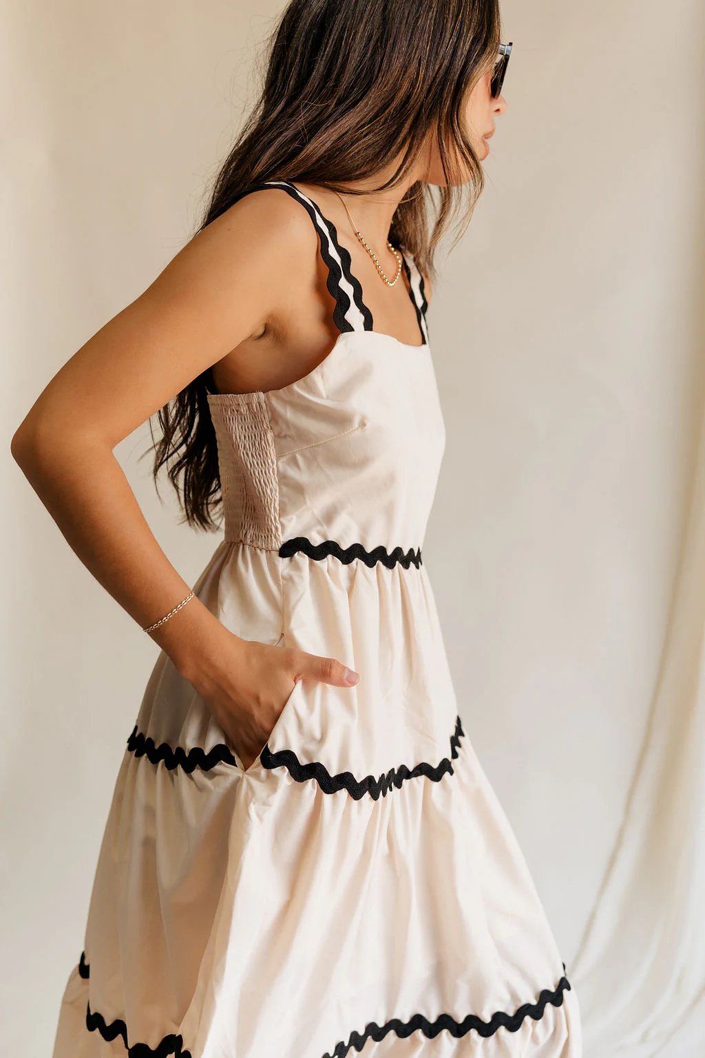 Clara Ecru & Black Wavy Trim Midi Dress - Image 6