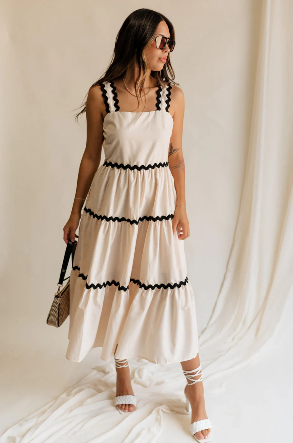 Clara Ecru & Black Wavy Trim Midi Dress - Image 8