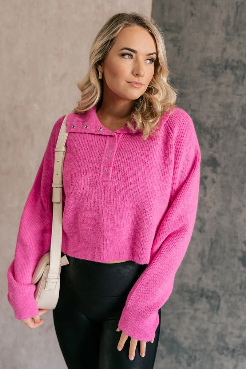 Clara Fuchsia Knit Button Snap Up Long Sleeve Sweater