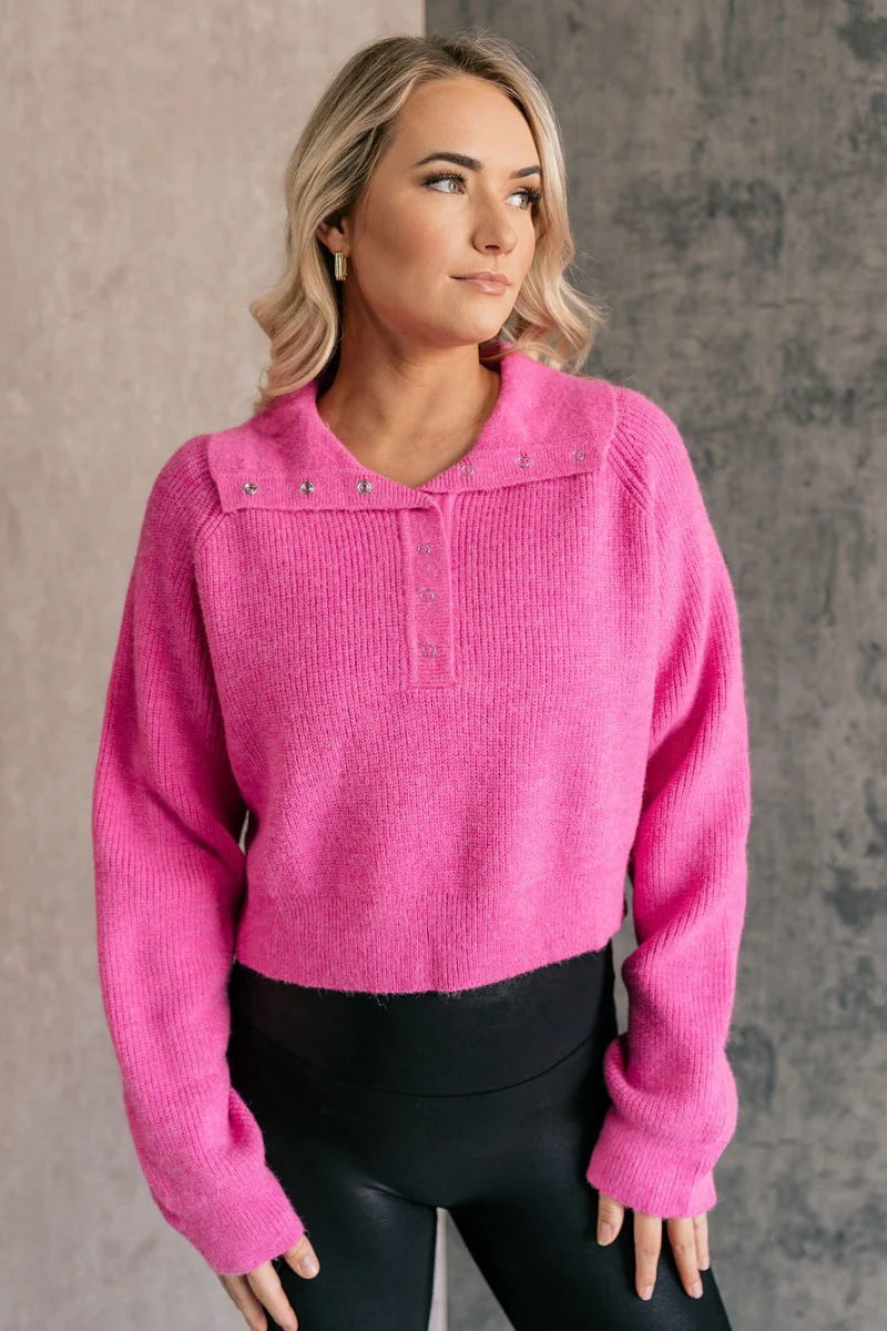 Clara Fuchsia Knit Button Snap Up Long Sleeve Sweater - Image 3