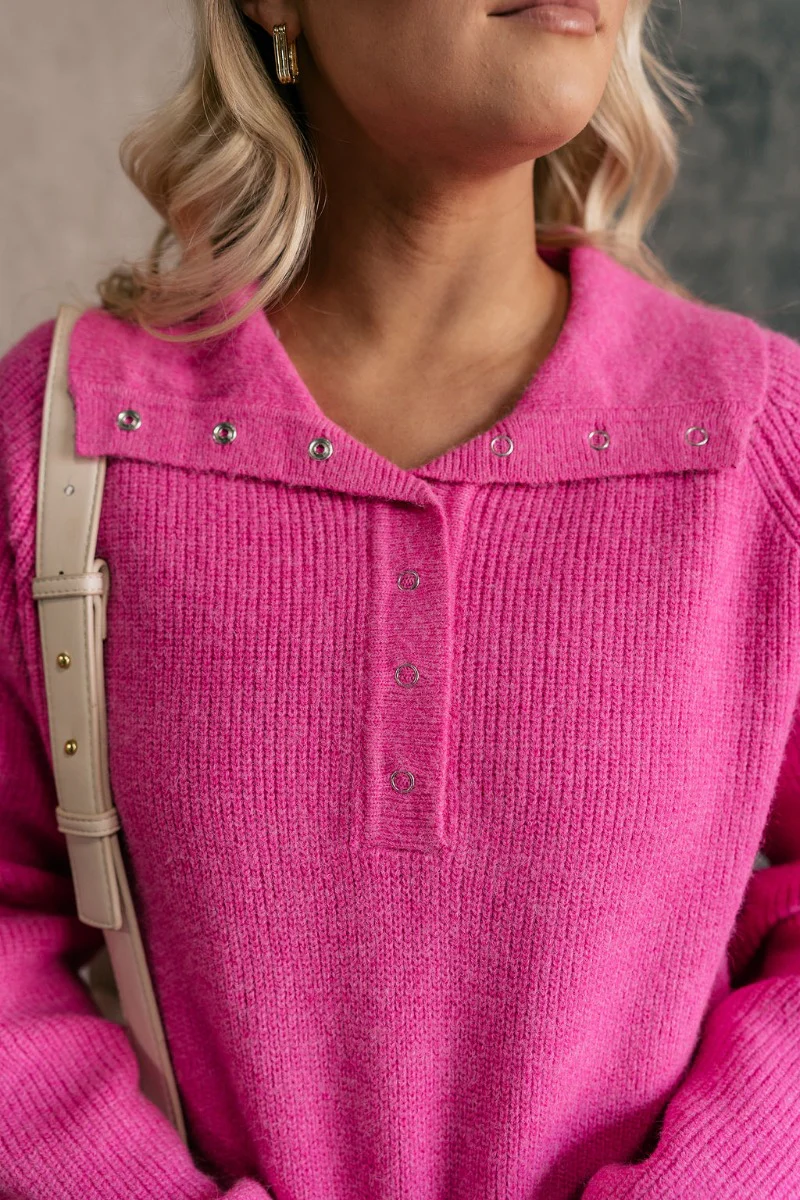 Clara Fuchsia Knit Button Snap Up Long Sleeve Sweater - Image 4