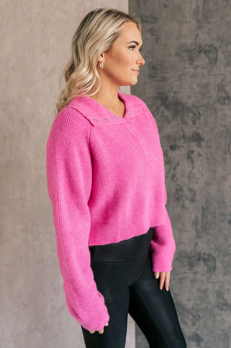 Clara Fuchsia Knit Button Snap Up Long Sleeve Sweater - Image 5