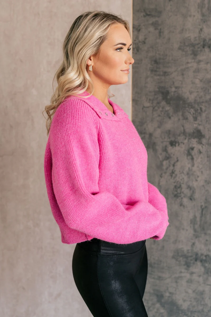 Clara Fuchsia Knit Button Snap Up Long Sleeve Sweater - Image 6