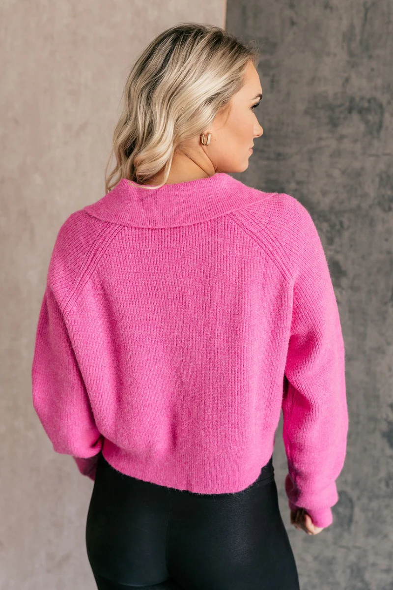 Clara Fuchsia Knit Button Snap Up Long Sleeve Sweater - Image 7