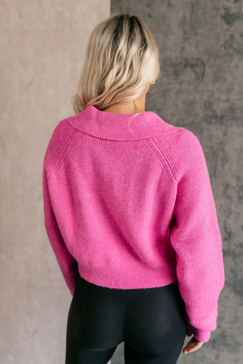 Clara Fuchsia Knit Button Snap Up Long Sleeve Sweater - Image 8