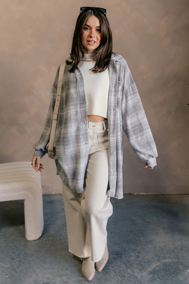 Clara Grey Plaid Knit Long Sleeve Shacket - Image 2