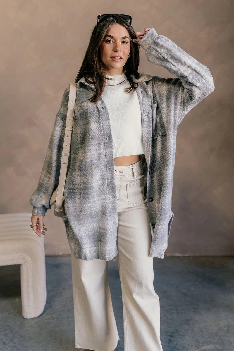 Clara Grey Plaid Knit Long Sleeve Shacket - Image 3