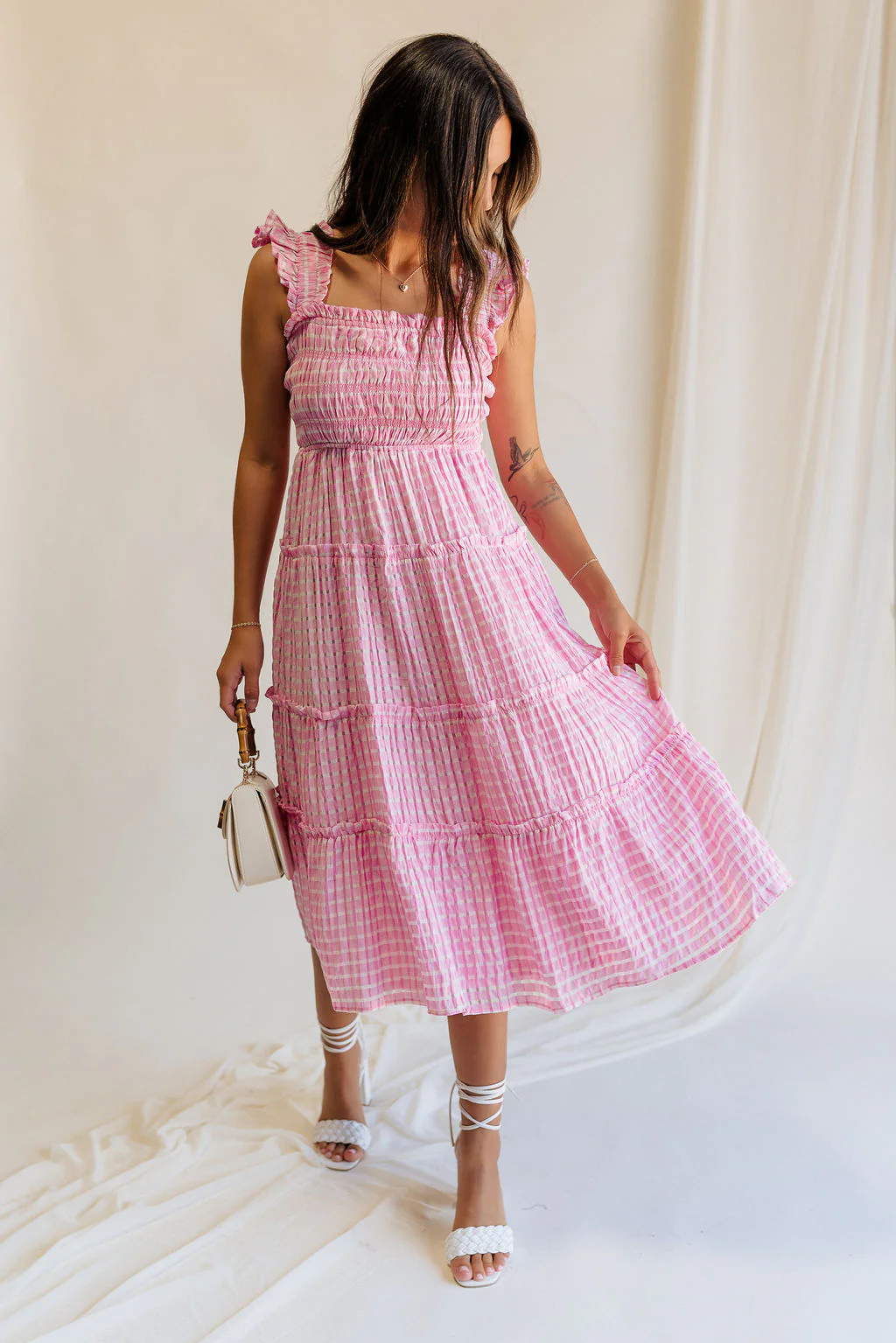 Clara Pink & White Gingham Midi Dress