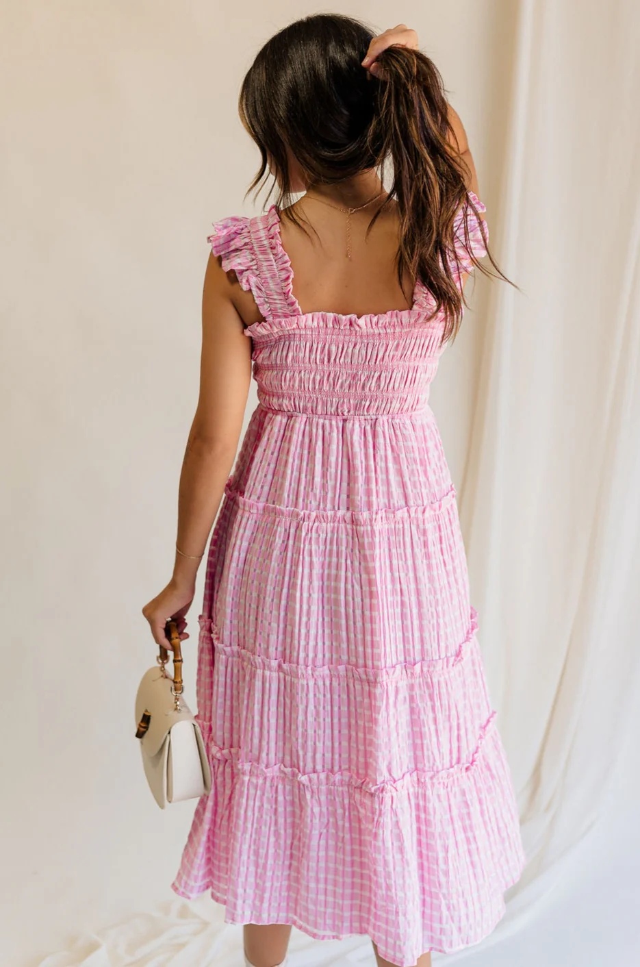 Clara Pink & White Gingham Midi Dress - Image 4