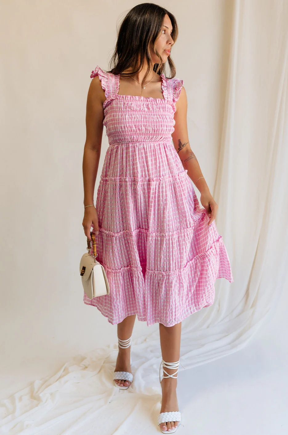 Clara Pink & White Gingham Midi Dress - Image 5