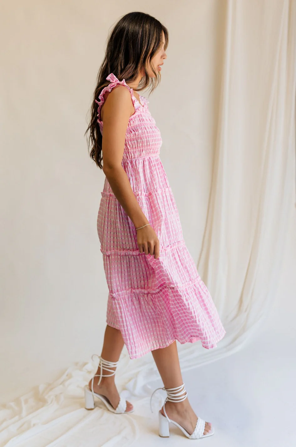 Clara Pink & White Gingham Midi Dress - Image 6
