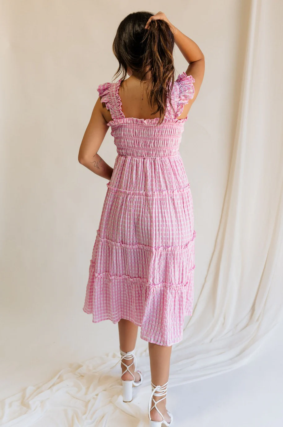 Clara Pink & White Gingham Midi Dress - Image 8