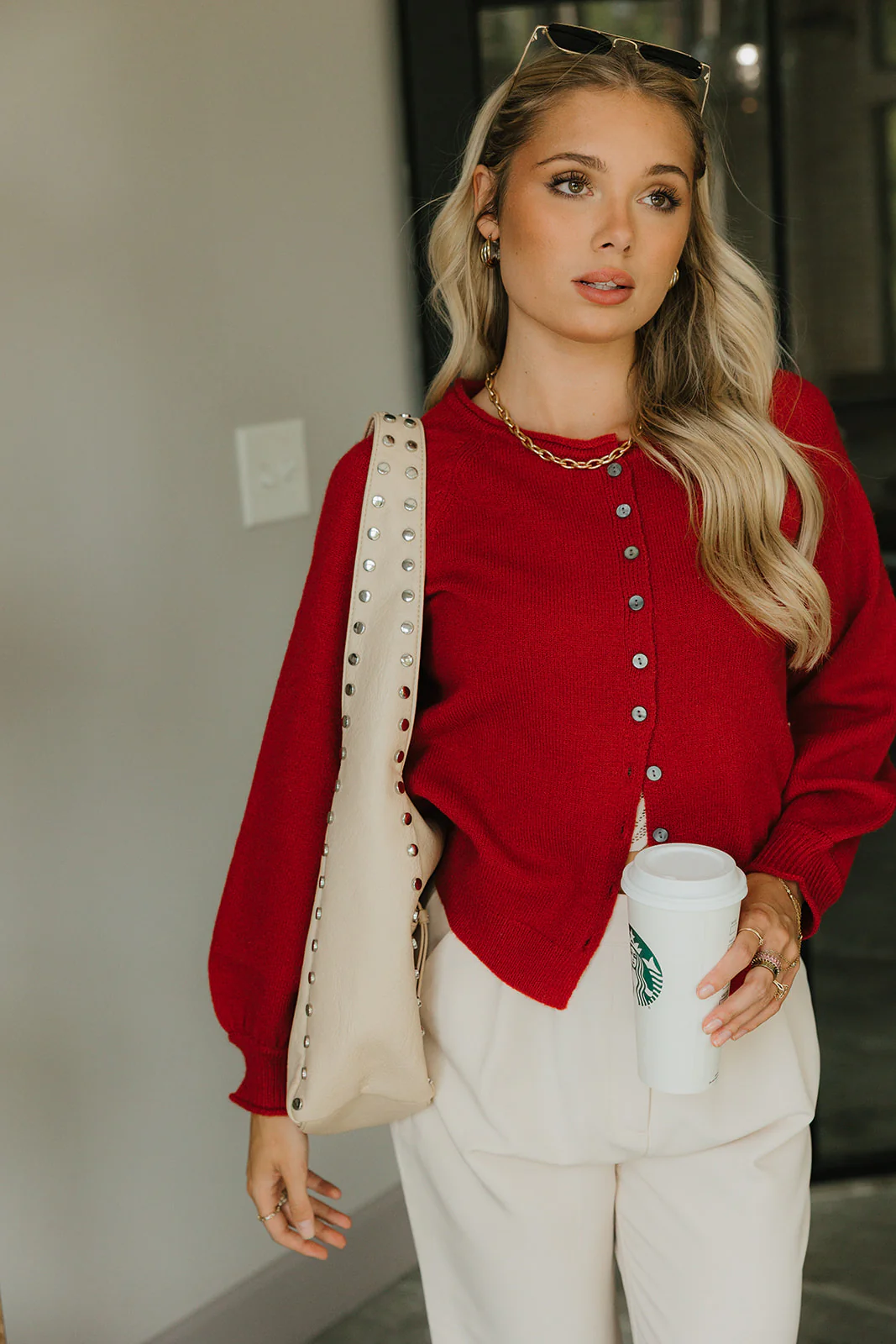 Clara Red Knit Button-Up Cardigan - Image 6
