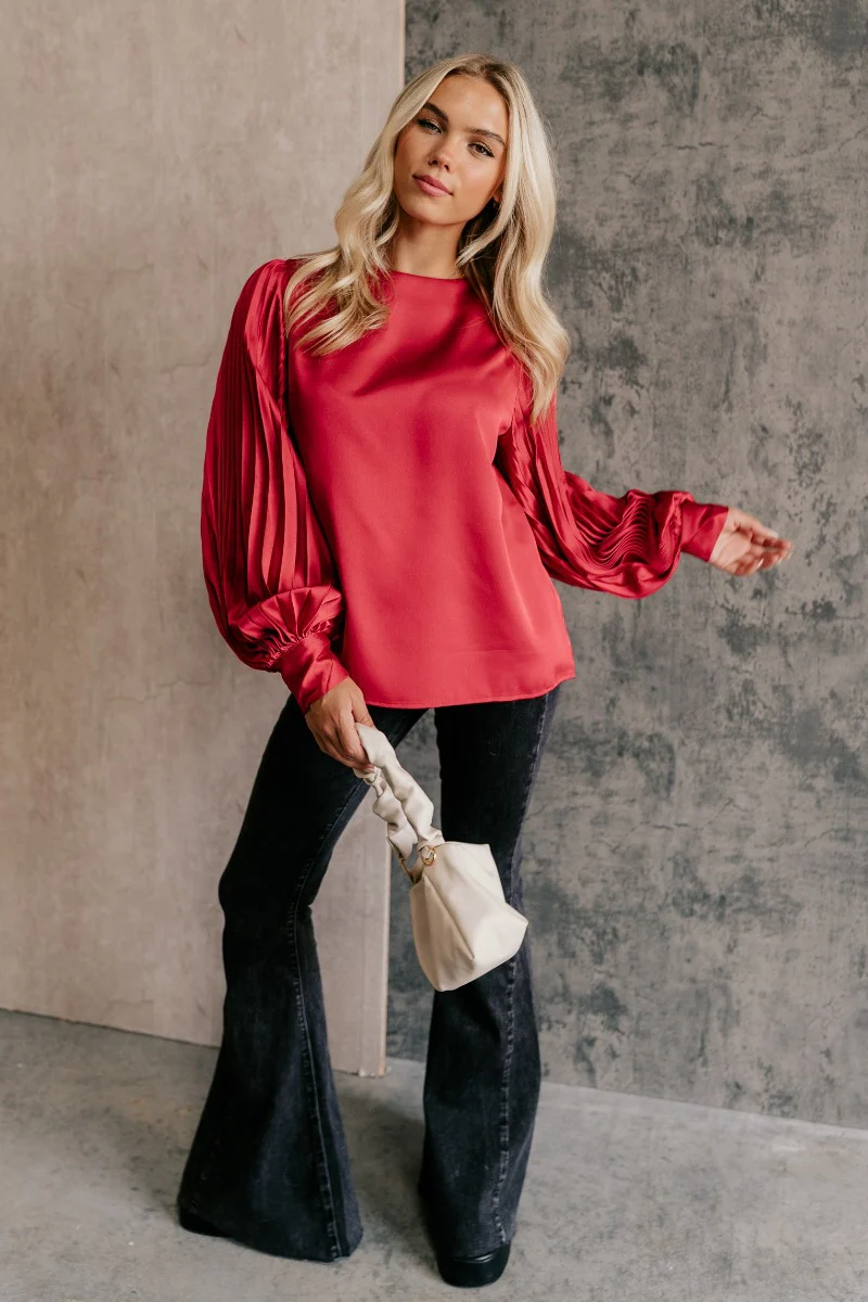 Clara Red Satin Pleated Long Sleeve Top