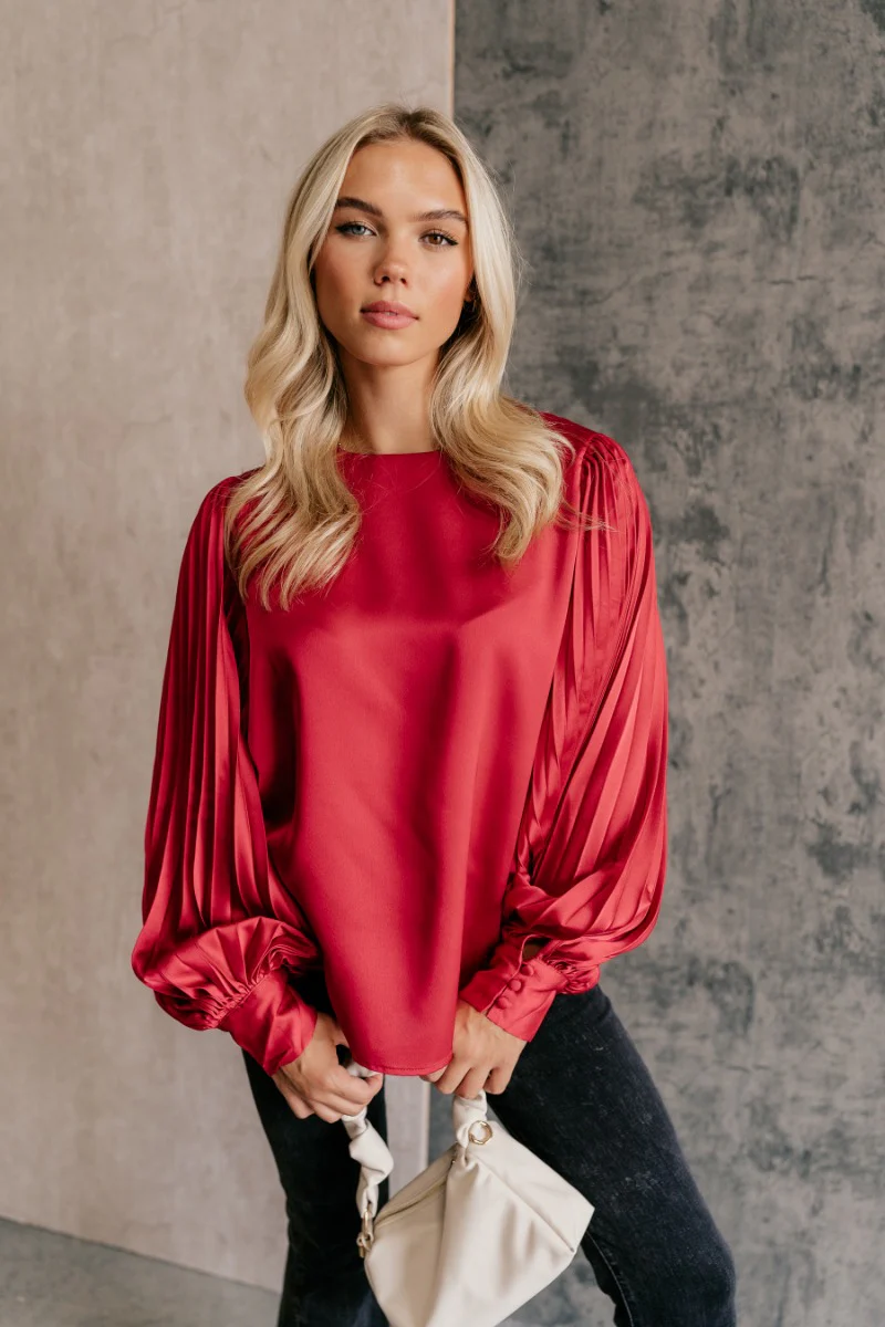 Clara Red Satin Pleated Long Sleeve Top - Image 2