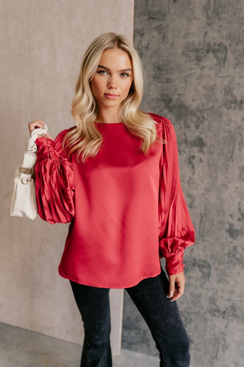 Clara Red Satin Pleated Long Sleeve Top - Image 3