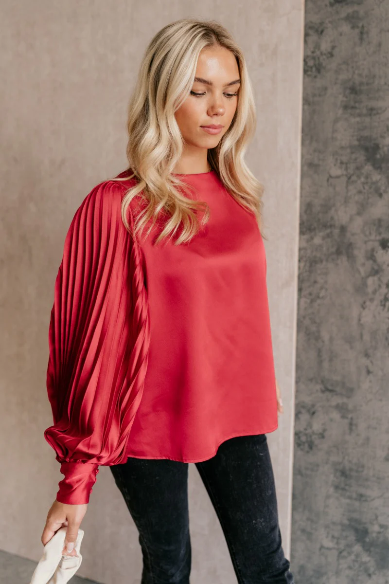 Clara Red Satin Pleated Long Sleeve Top - Image 4
