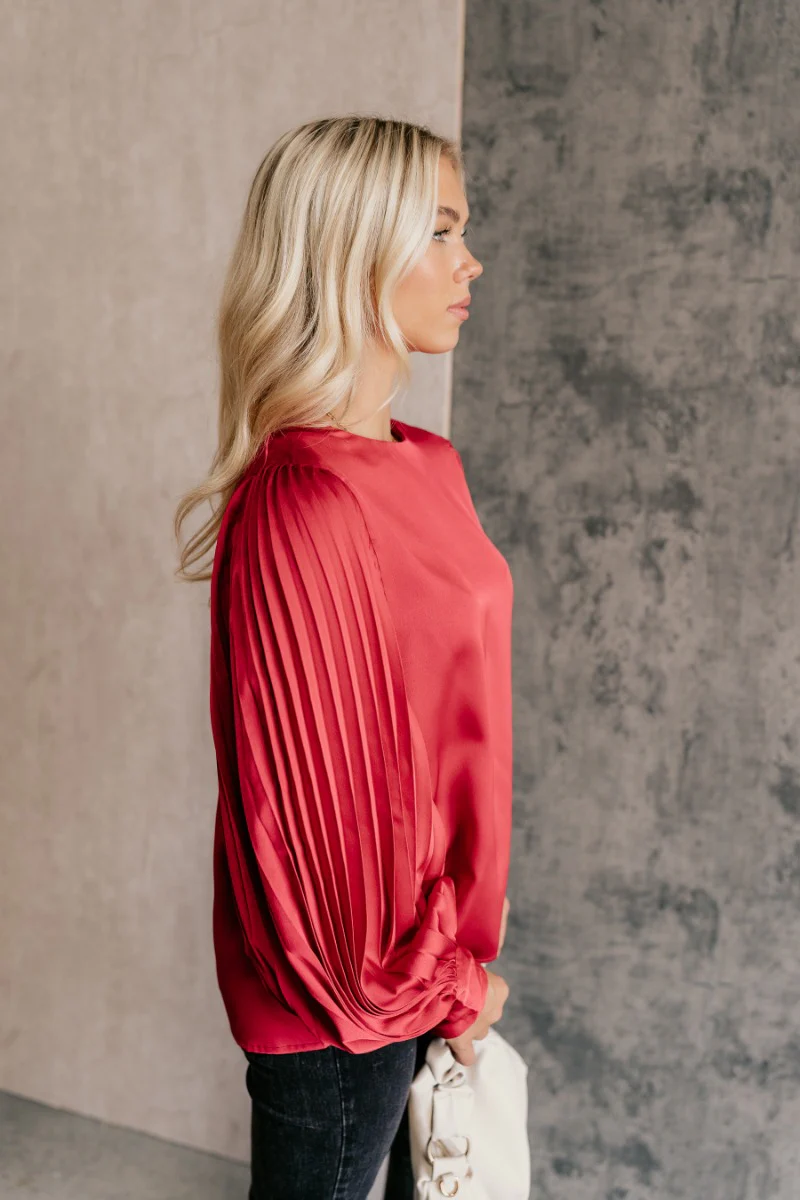 Clara Red Satin Pleated Long Sleeve Top - Image 5