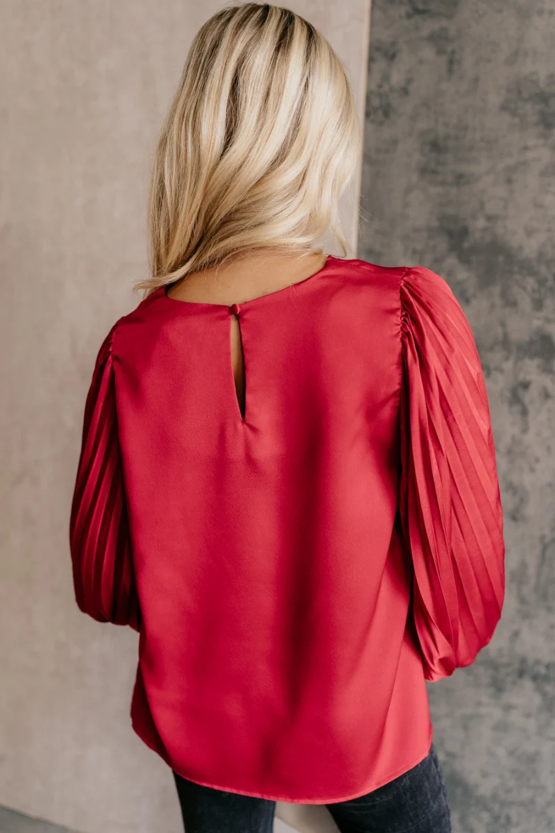 Clara Red Satin Pleated Long Sleeve Top - Image 6