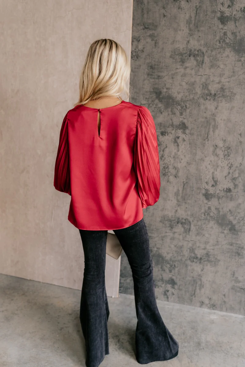 Clara Red Satin Pleated Long Sleeve Top - Image 7