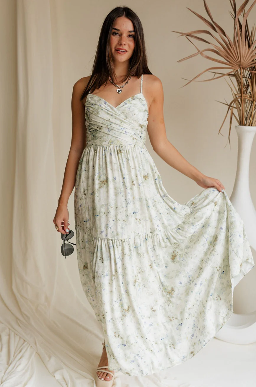 Clara Sage & Blue Floral Midi Dress