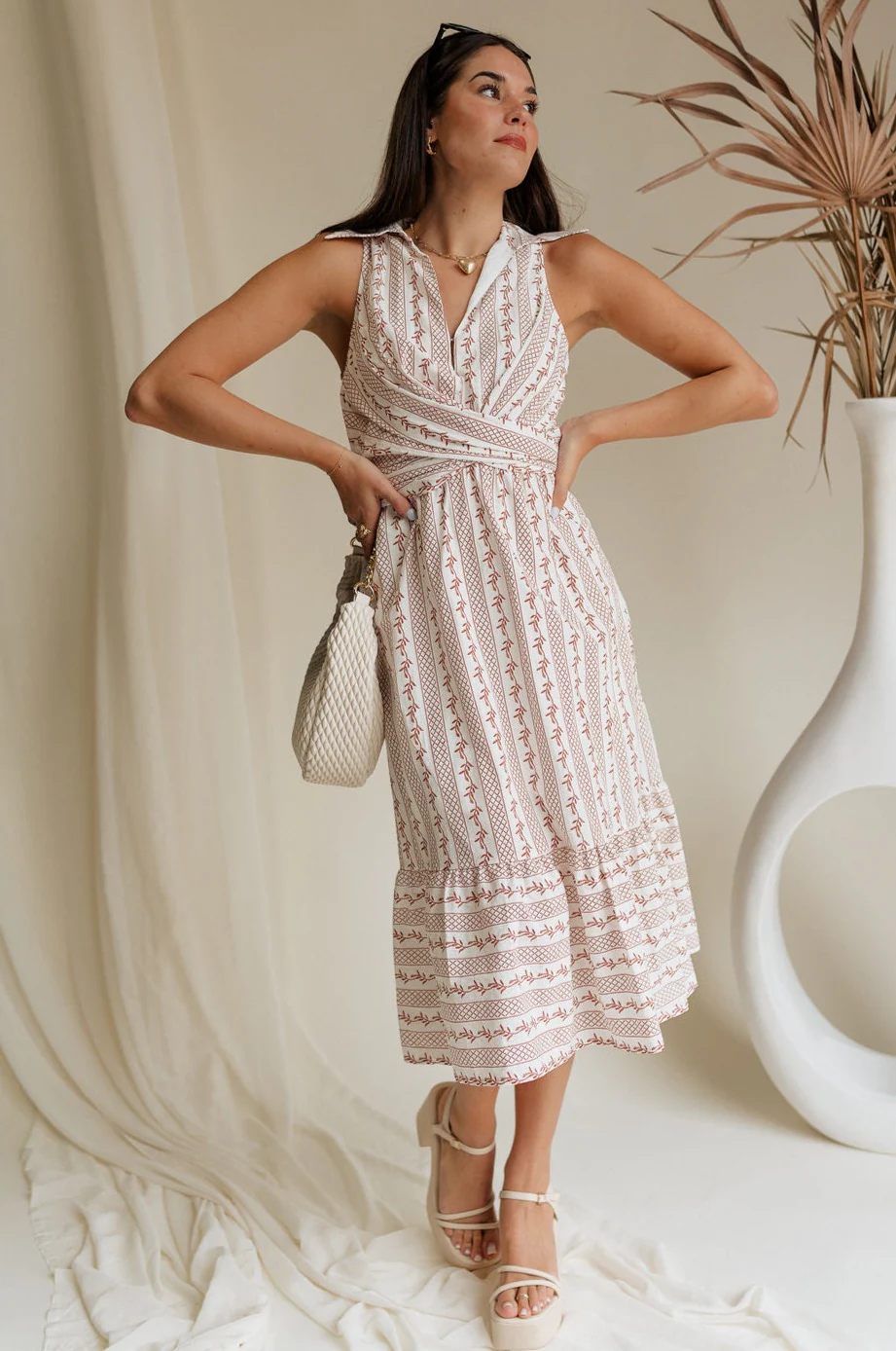 Clarey White & Brown Sleeveless Midi Dress - Image 4