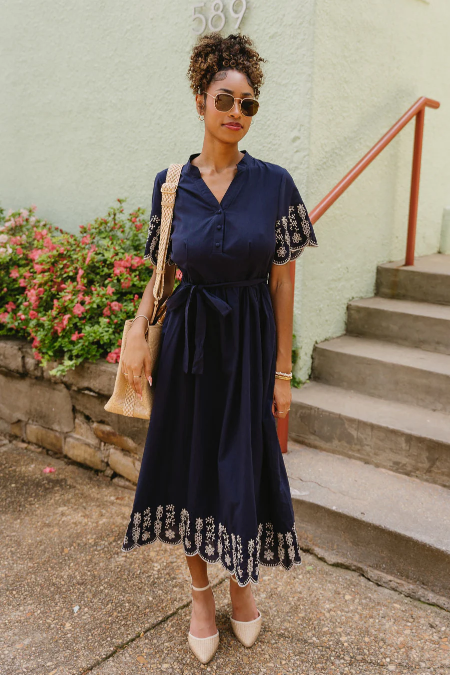 Clarissa Navy & White Eyelet Midi Dress