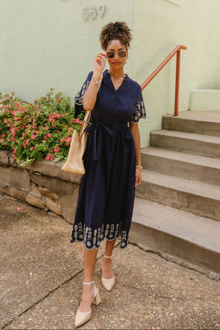 Clarissa Navy & White Eyelet Midi Dress - Image 2