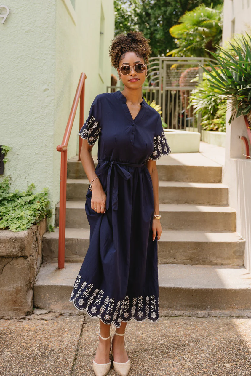 Clarissa Navy & White Eyelet Midi Dress - Image 3