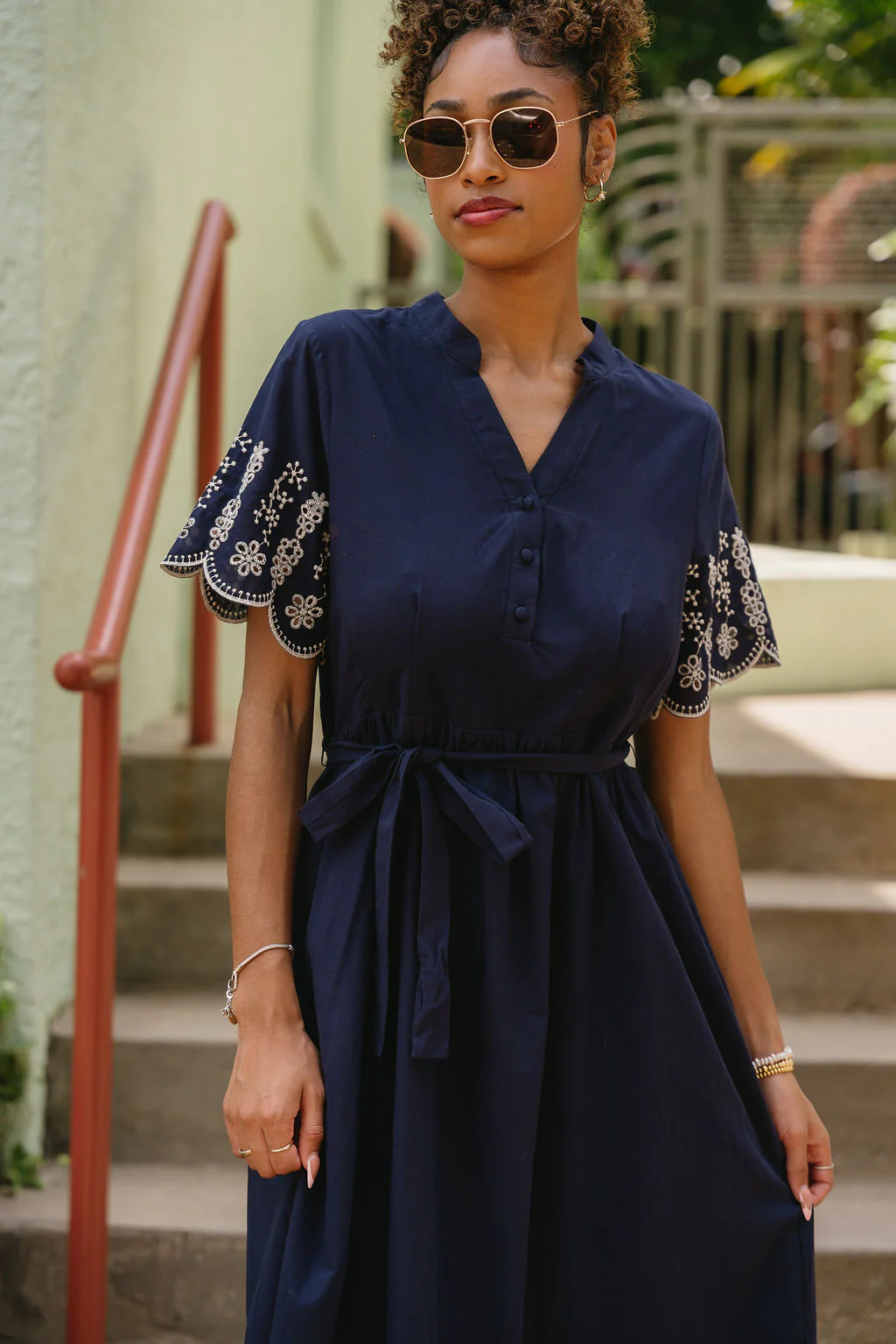 Clarissa Navy & White Eyelet Midi Dress - Image 4