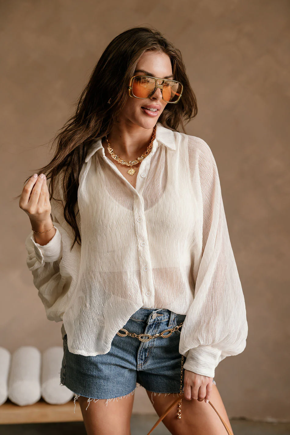 Claudia Cream Balloon Sleeve Button-Up Top