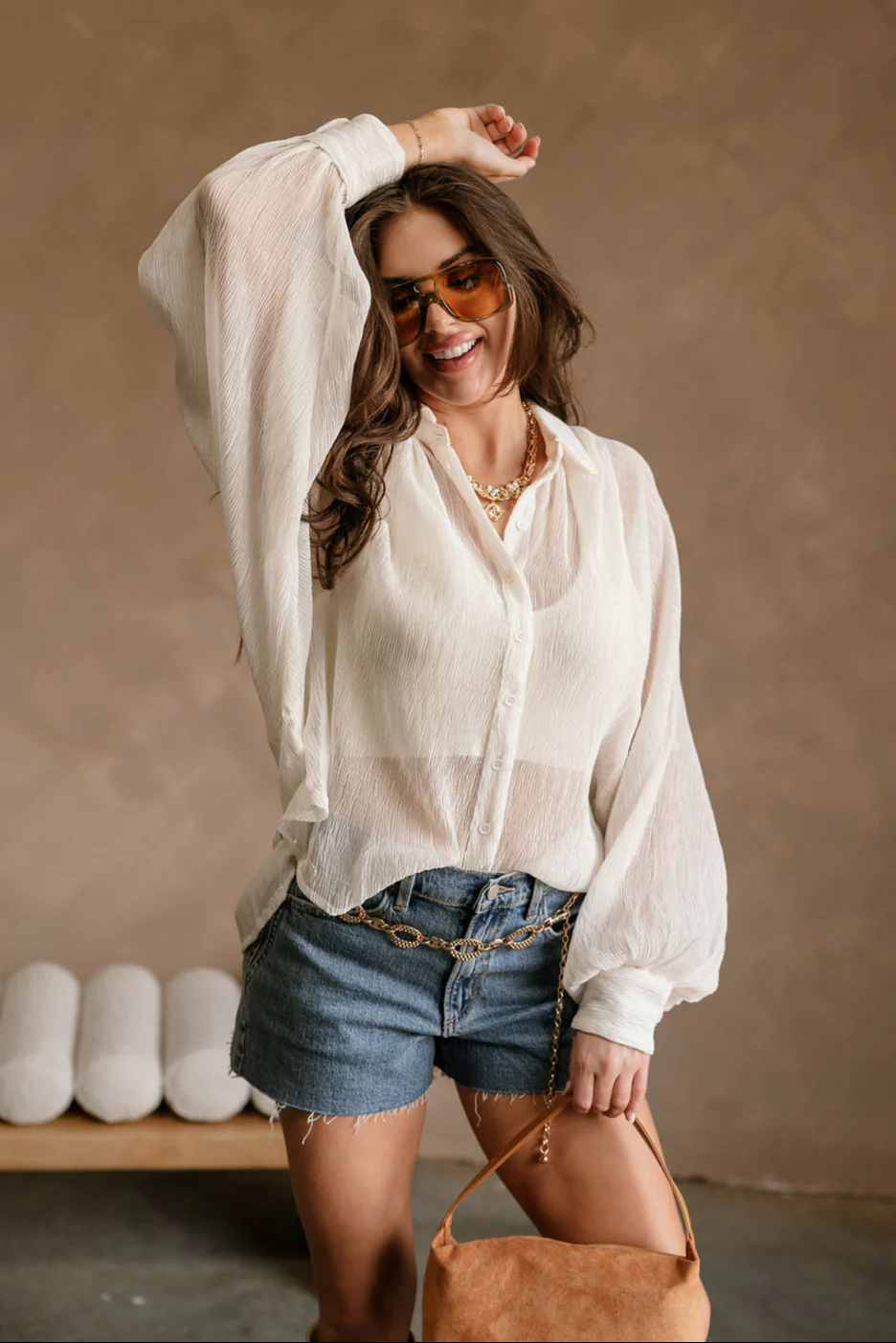 Claudia Cream Balloon Sleeve Button-Up Top - Image 2