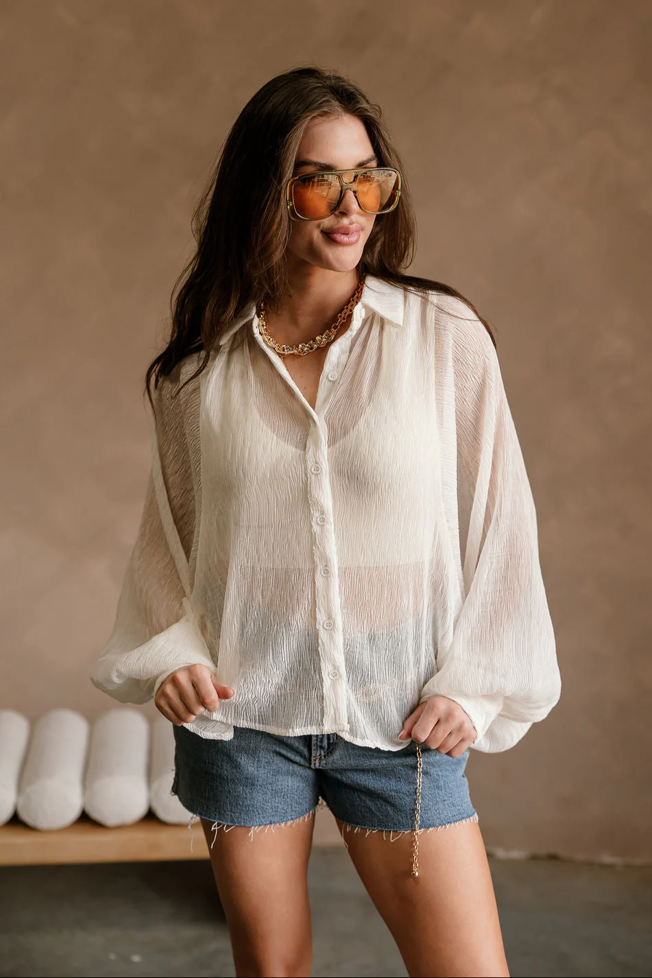 Claudia Cream Balloon Sleeve Button-Up Top - Image 3