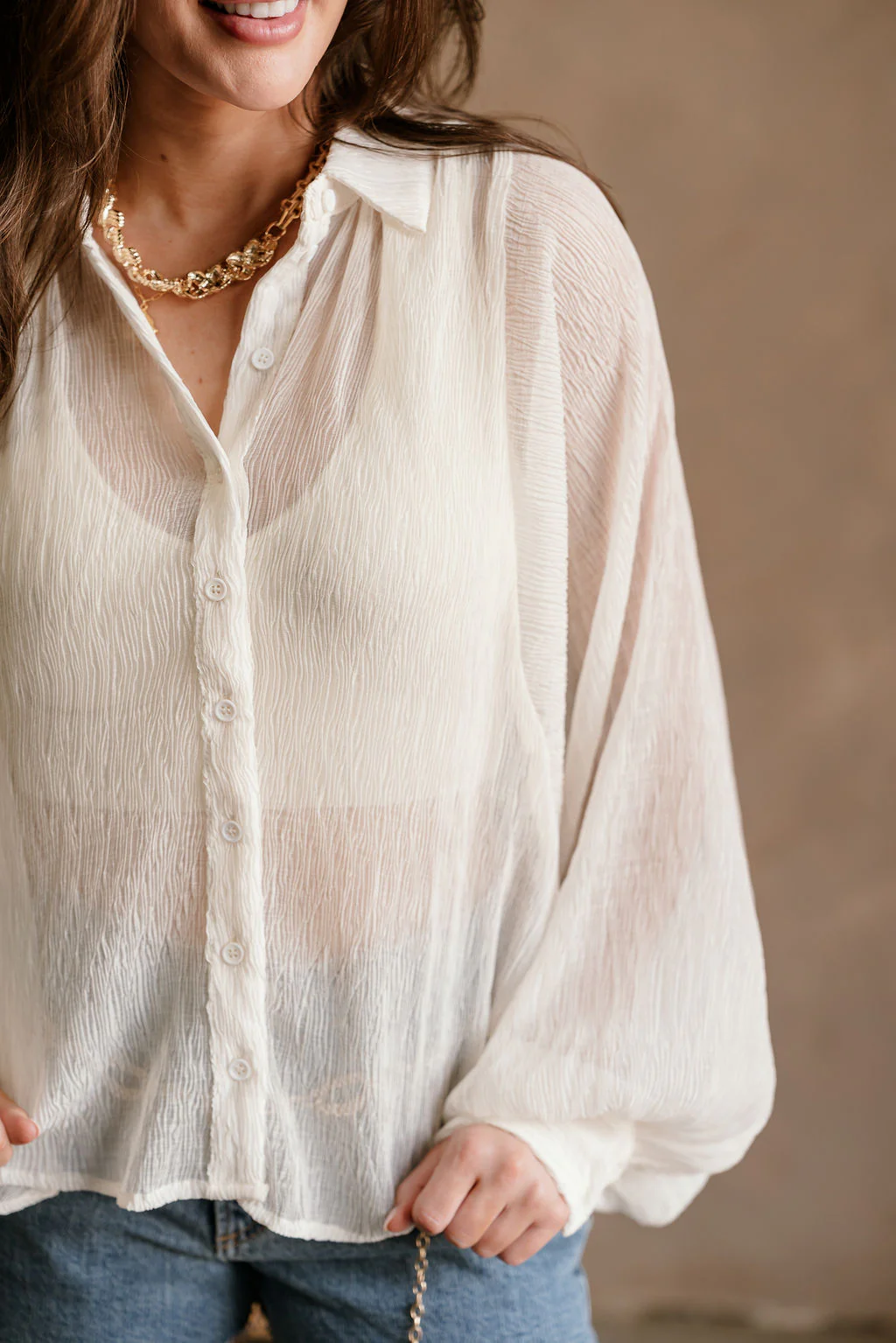 Claudia Cream Balloon Sleeve Button-Up Top - Image 6