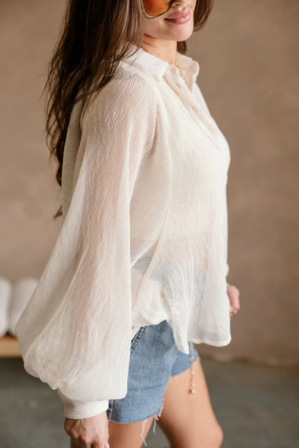Claudia Cream Balloon Sleeve Button-Up Top - Image 7