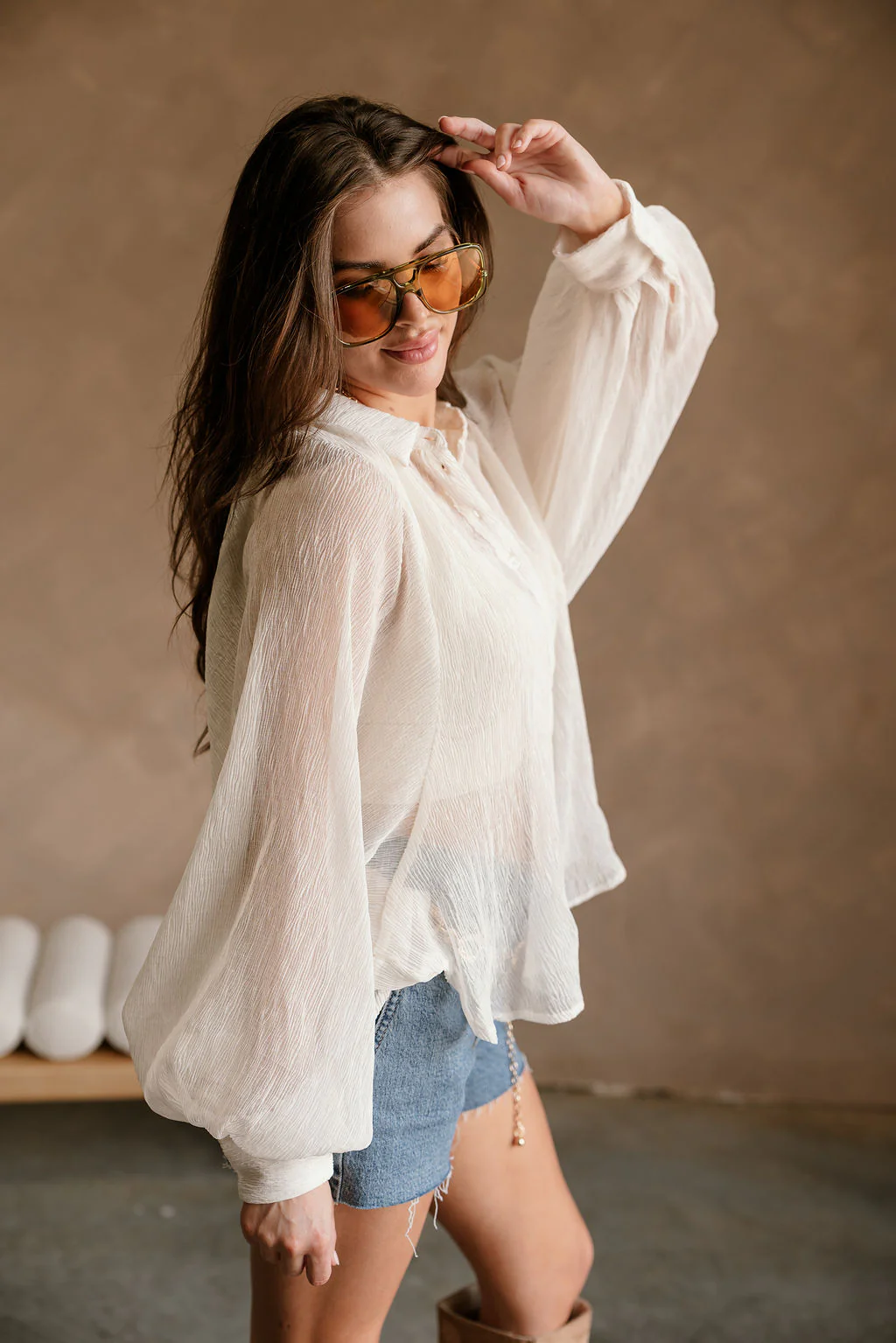 Claudia Cream Balloon Sleeve Button-Up Top - Image 8