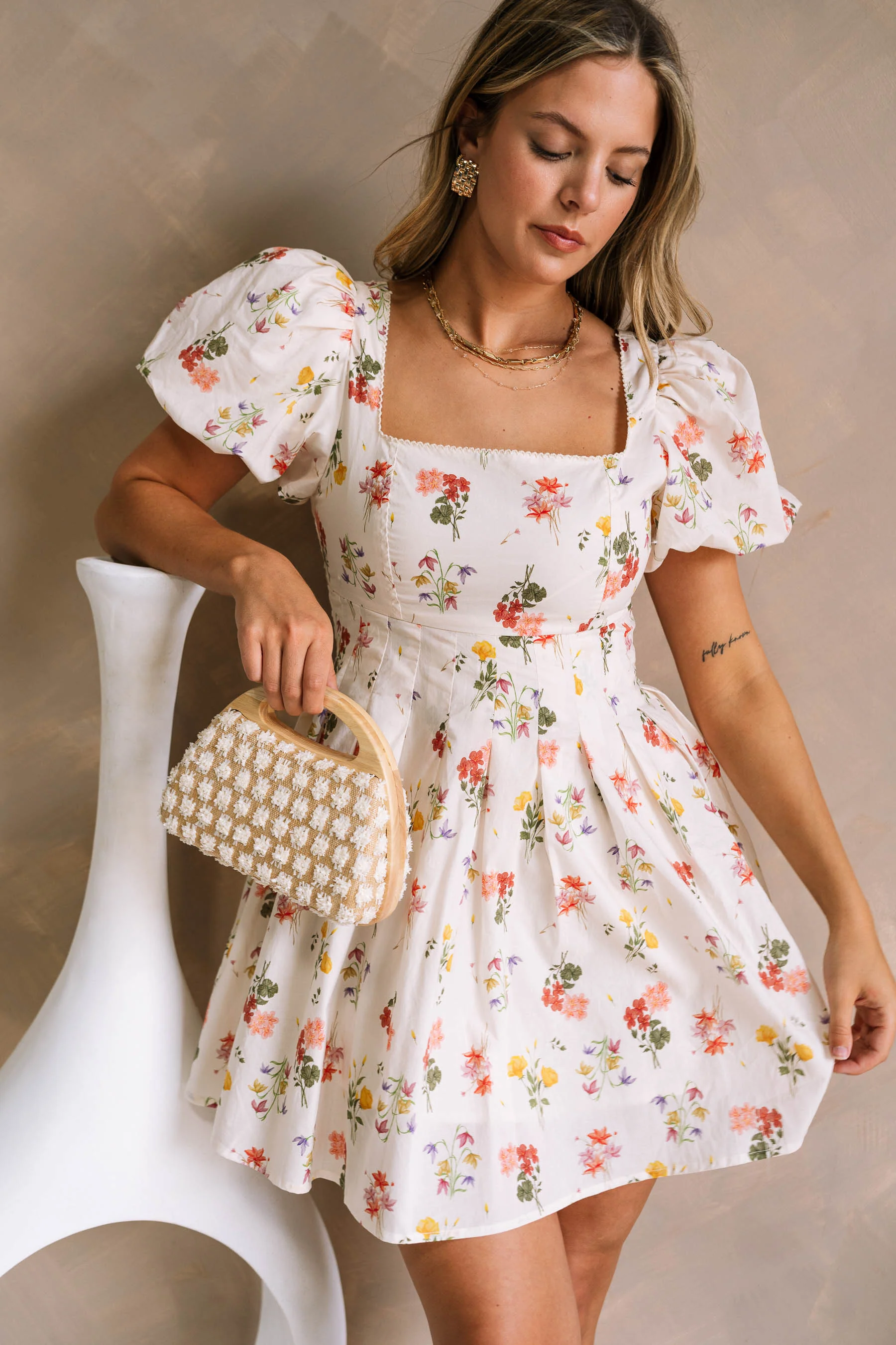 Claudia Cream Floral Puff Sleeve Dress